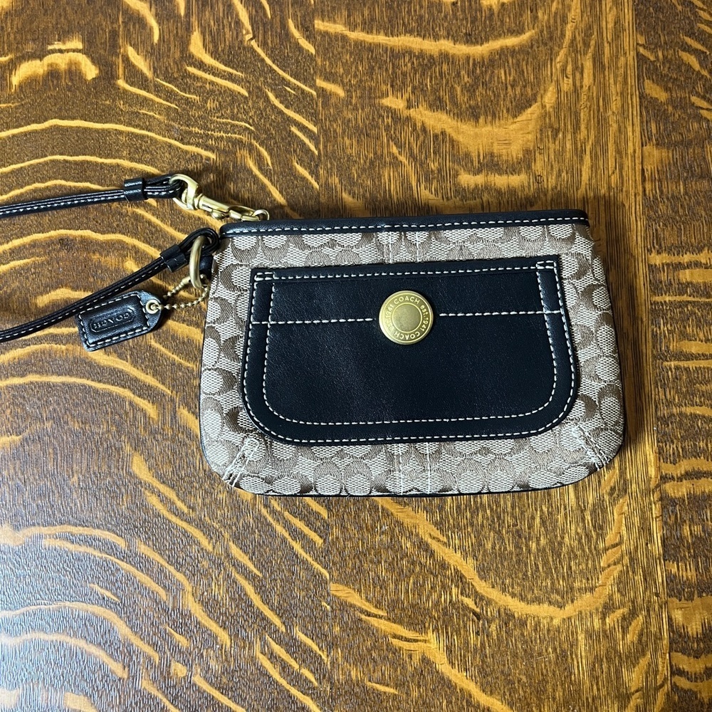 Coach Signature Brown Canvas and Black Leather  Wristlet